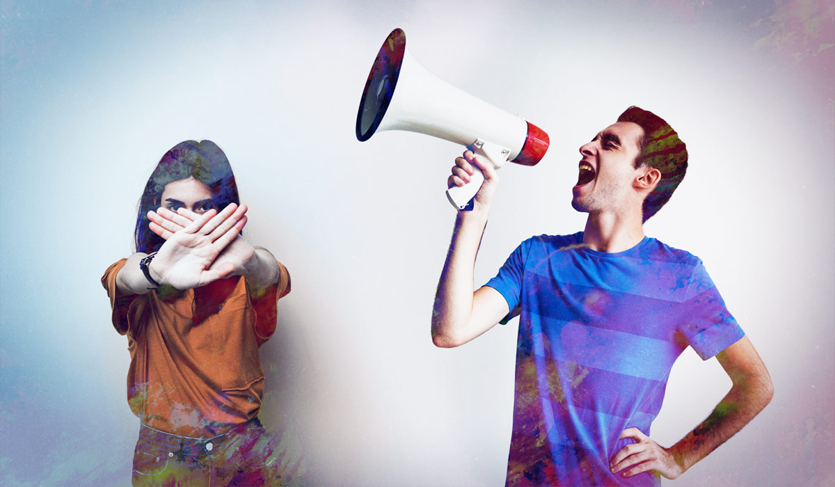 Man shouting into a megaphone and a woman who does not like to shout.