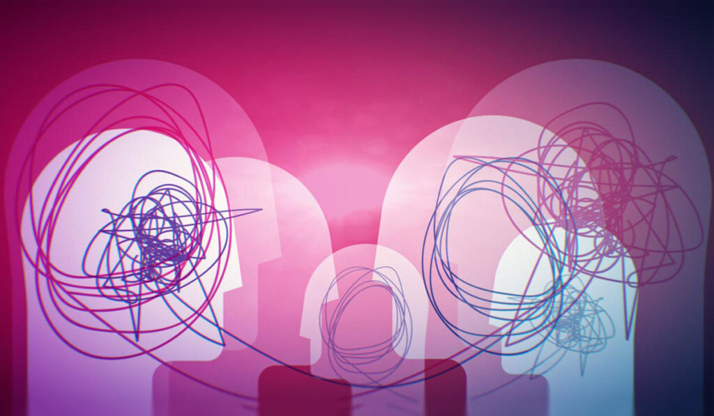 Abstract line art illustration of two heads attached to eachother by string.