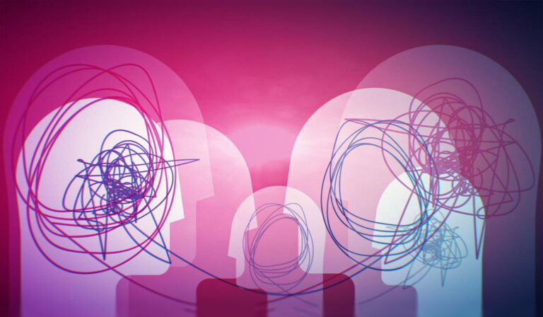 Abstract line art illustration of two heads attached to eachother by string.