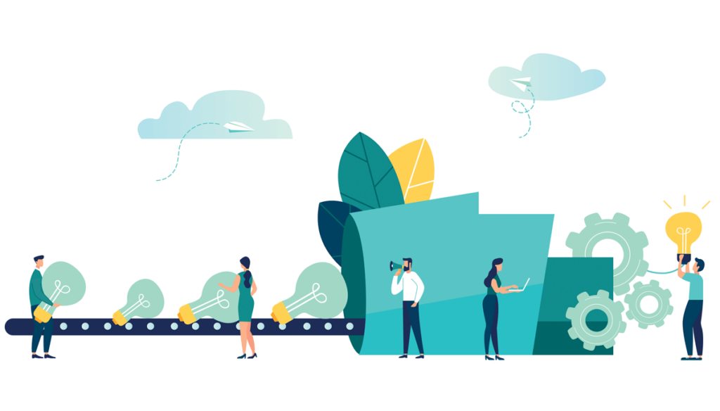 Illustration of employees working on an 'ideas' conveyor belt.