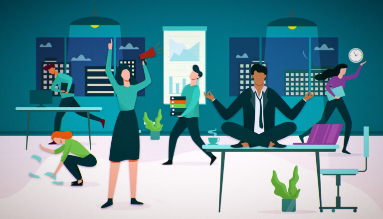 A business team rushing to complete a deadline and looking very stressed.