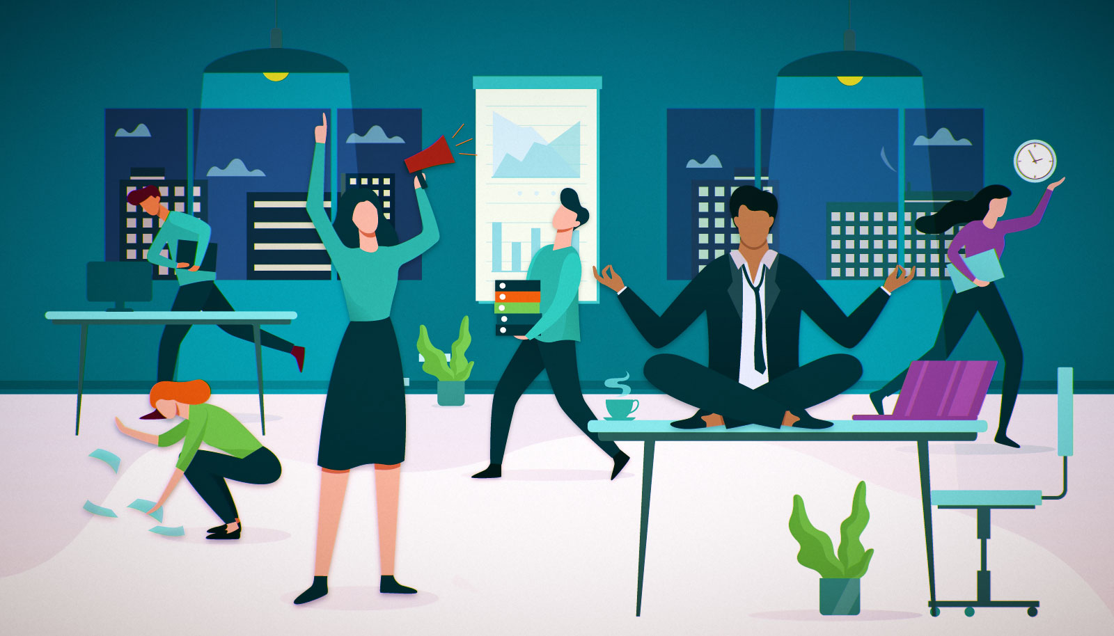 A business team rushing to complete a deadline and looking very stressed.